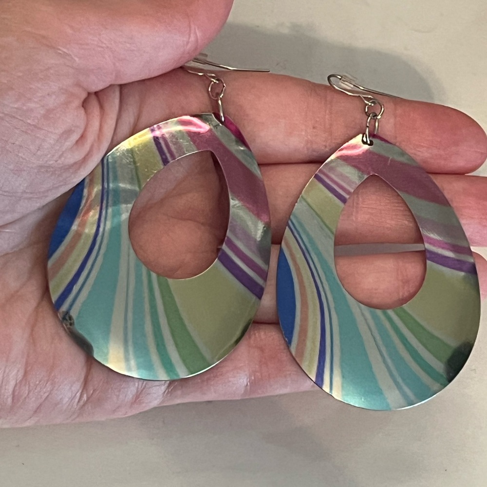 Multi Colored Metallic Swirl Hoop Drop Earrings
